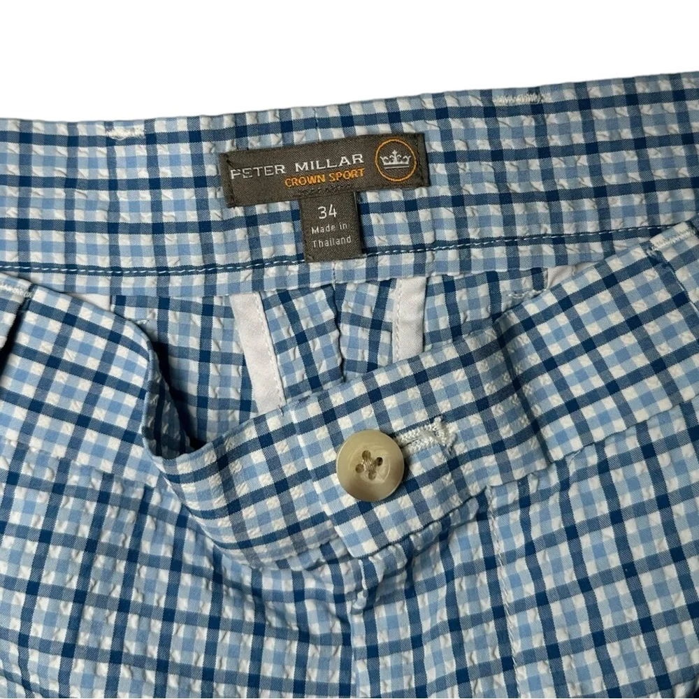 Peter Millar Crown Sport Lightweight Performance Seersucker Shorts Plaid Blue 34